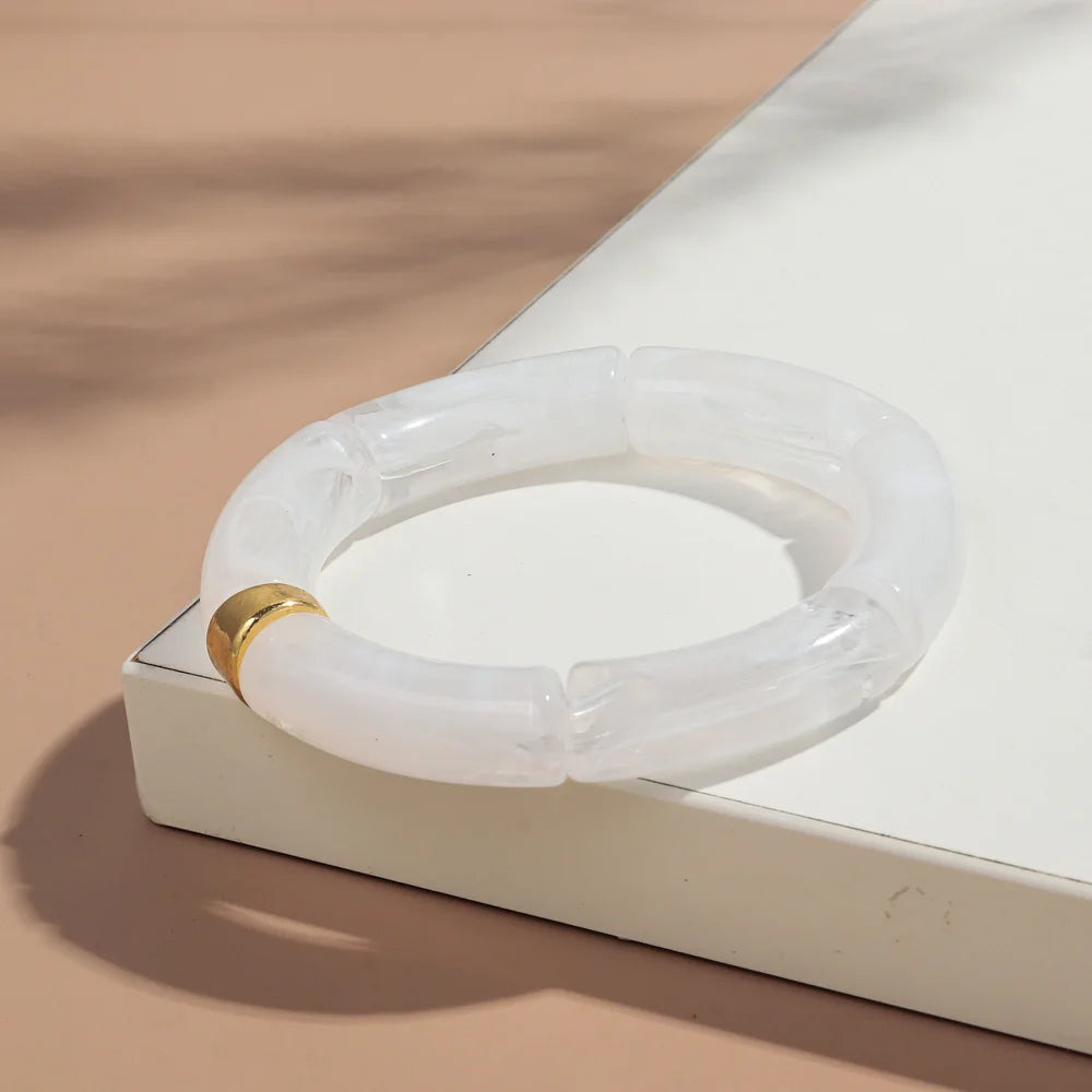 New Big Bamboo Tube Acrylic Stack Bracelet for Women Men Vintage Colorful Resin Chunky Elbow Bead Elastic Bangle Couple Jewelry