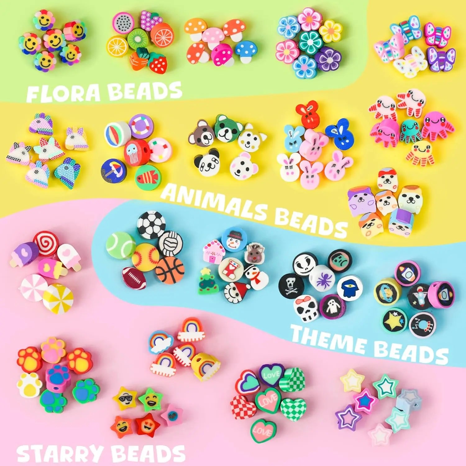 1200 Pcs Polymer Clay Beads Bracelet Making Kit, Animal Fruit Flower Butterfly Bunny Pony Letter Beads Charms for Jewelry making
