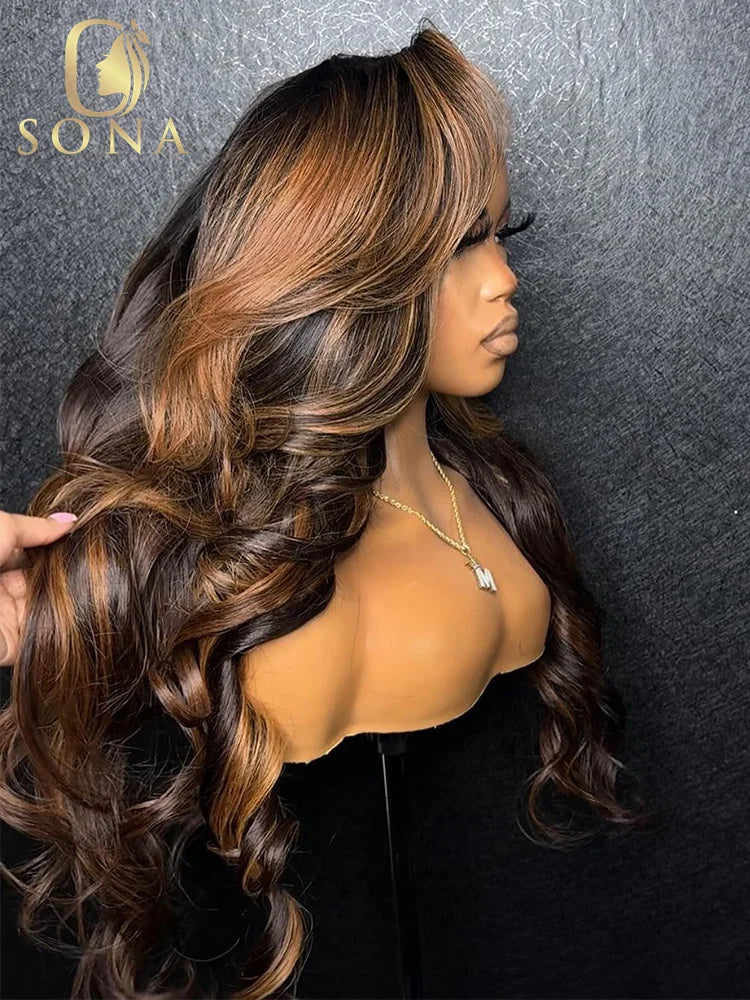 1B/27 HD Transparent 13x4 13x6 Lace Frontal Body Wave Human Hair Wigs Brown Stripe Highlights Honey Blonde Pre Plucked For Women