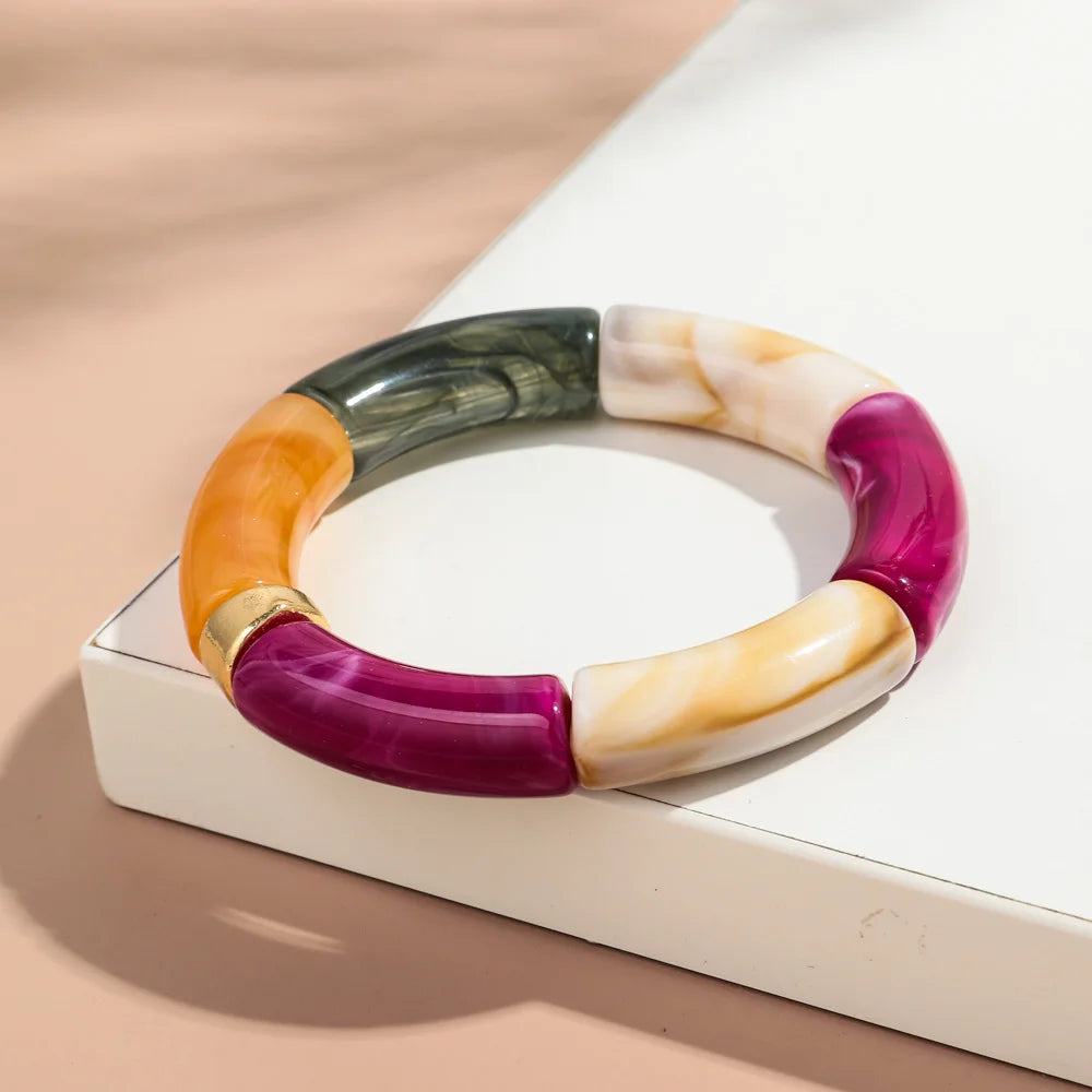 New Big Bamboo Tube Acrylic Stack Bracelet for Women Men Vintage Colorful Resin Chunky Elbow Bead Elastic Bangle Couple Jewelry