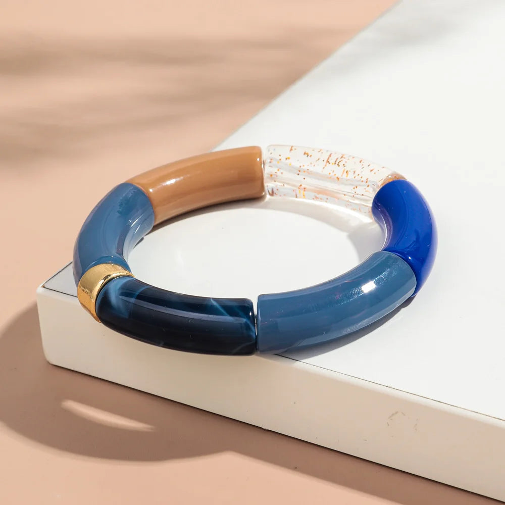 New Big Bamboo Tube Acrylic Stack Bracelet for Women Men Vintage Colorful Resin Chunky Elbow Bead Elastic Bangle Couple Jewelry