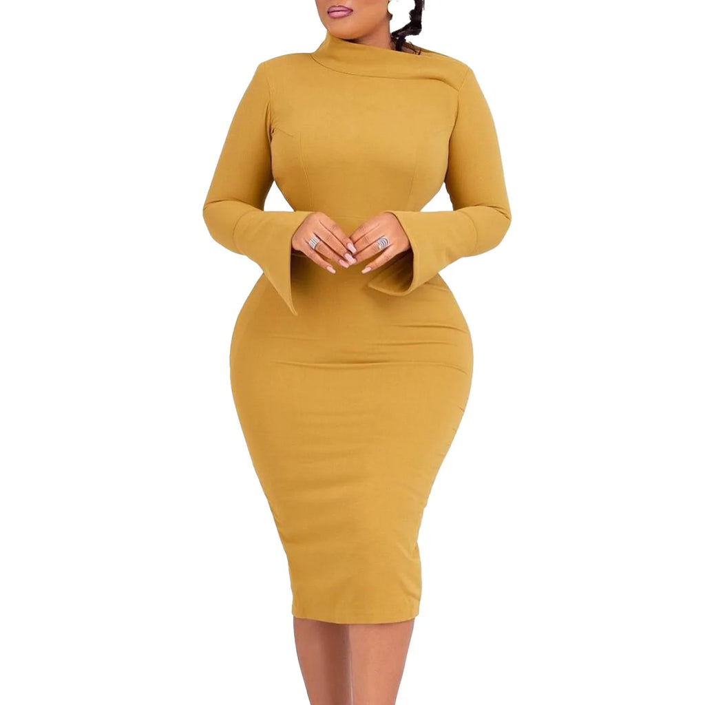 Dresses for Women 2024 New Skew Collar Full Sleeve Solid Sheath Package Hips Mid Calf Professional African Business Work Dress