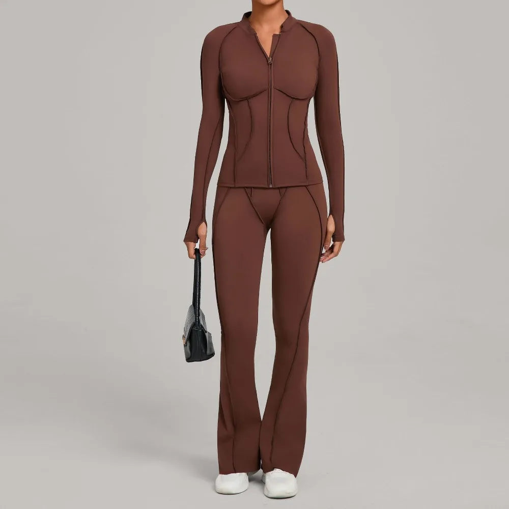 Gym Yoga Outfit for Women Autumn Winter Zipper Long Sleeve Fitness Suit Daily Casual Running Fitness Sportswear Two-Piece Sets