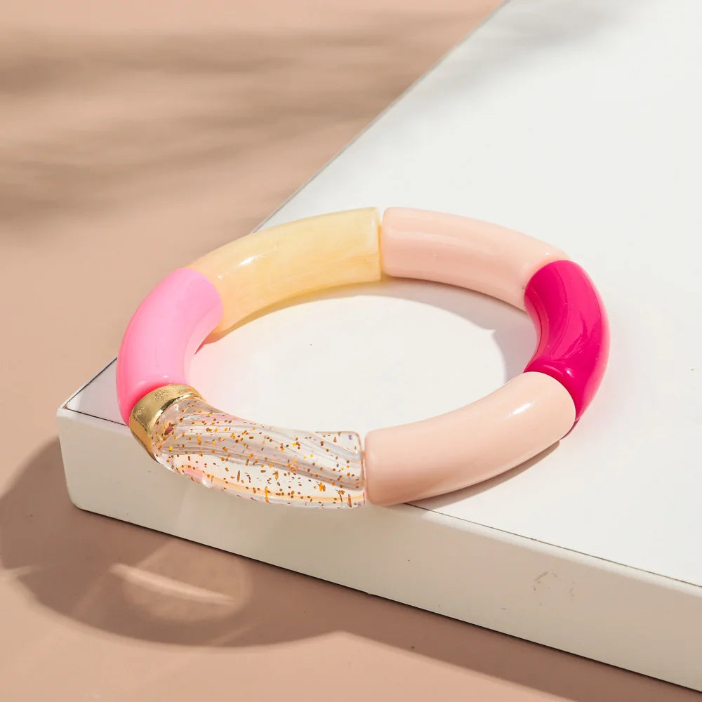 New Big Bamboo Tube Acrylic Stack Bracelet for Women Men Vintage Colorful Resin Chunky Elbow Bead Elastic Bangle Couple Jewelry