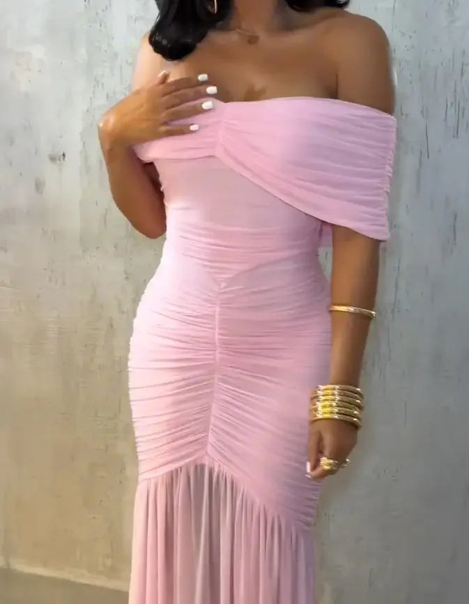 Dresses for Women 2025 Elegant Sexy Off Shoulder Ruched Cinched Waist Evening Dress Slim Fit Mermaid Hem Party Dress