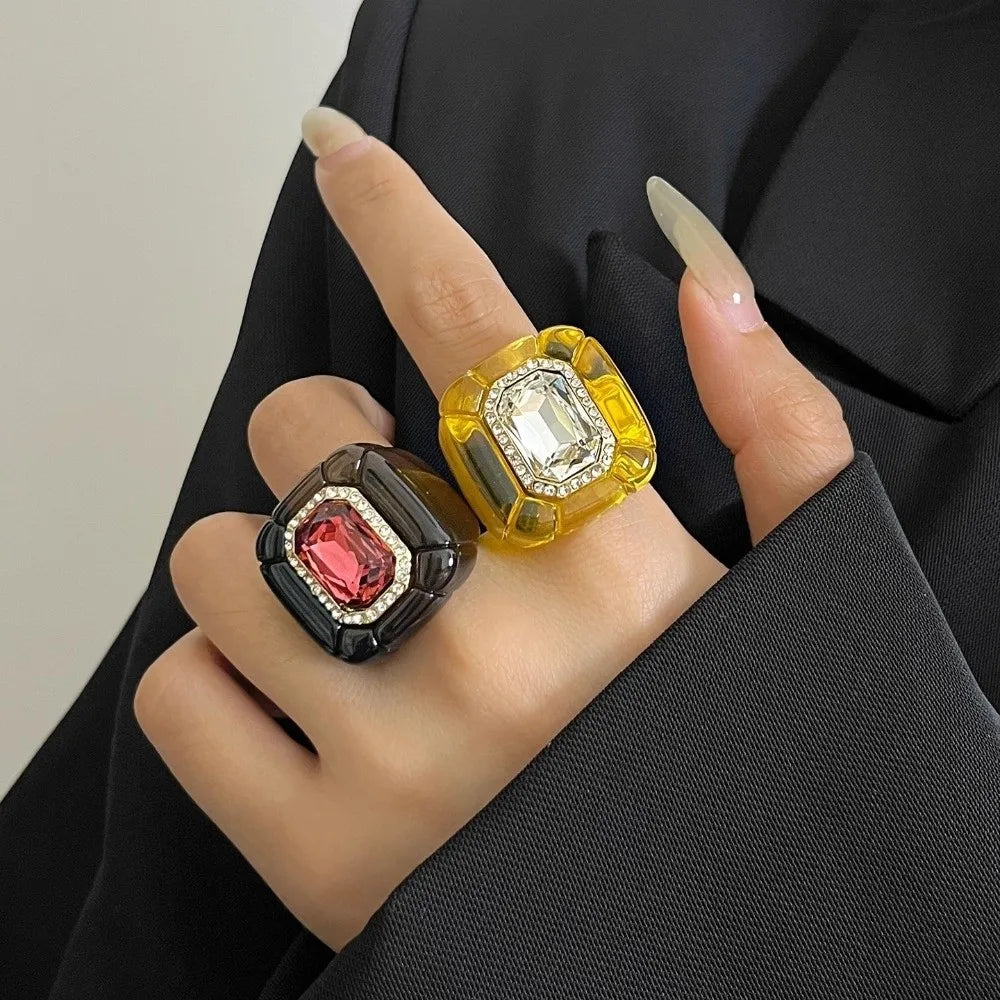Colorful Rhinestones Rings Woman Geometric Forefinger Anillos Mujer Palace Style Vintage Elegant Jewelry Three-dimensional Ring